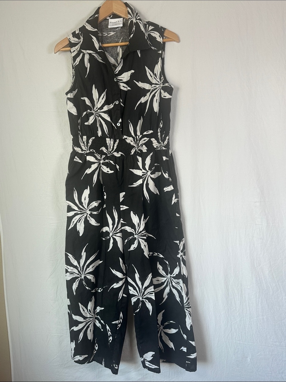 BOHERA Black and White Floral Button-Front Jumpsuit